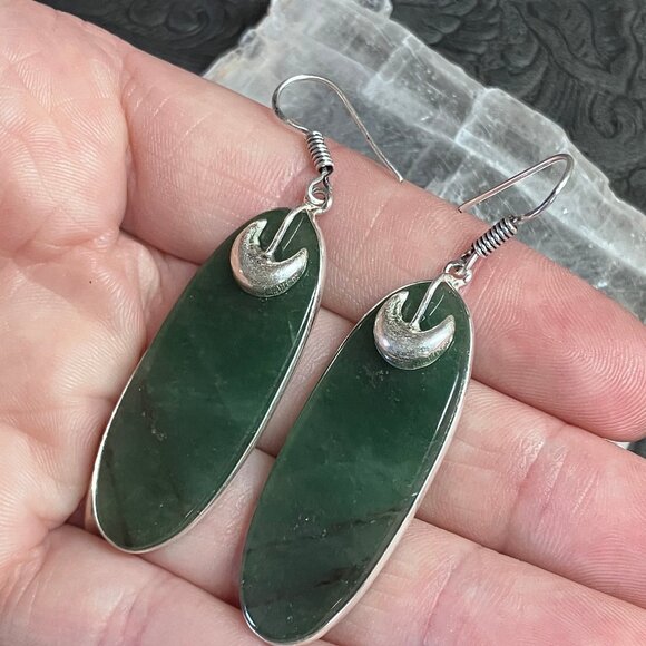 Pyrite Included Green Nephrite Jade and Crescent Moon Earrings Stone Jewelry - Picture 5 of 6
